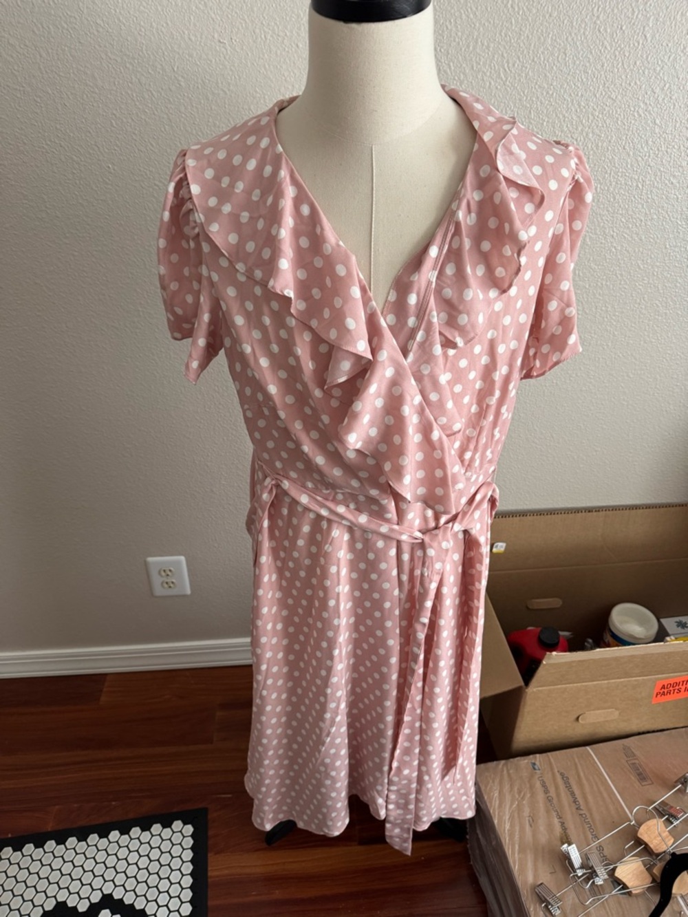 Danny & Nicole Pink Polka Dot Wrap Midi Dress